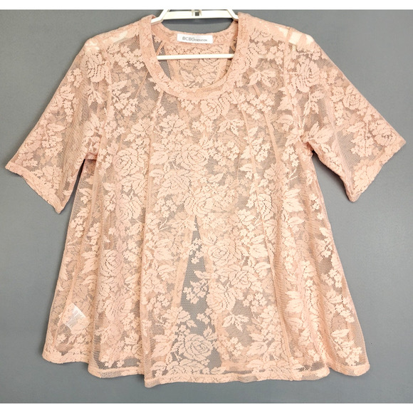 BCBGeneration Lace Top Womens Small Rose Smoke Pink Vented Back Short Sleeves - Picture 1 of 14